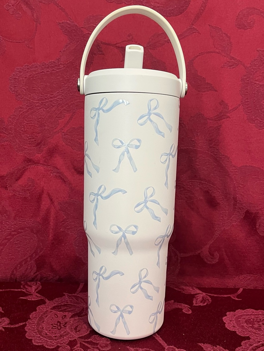 White Travel Tumbler with Light Blue Bow Pattern and Carry Handle - Unbranded